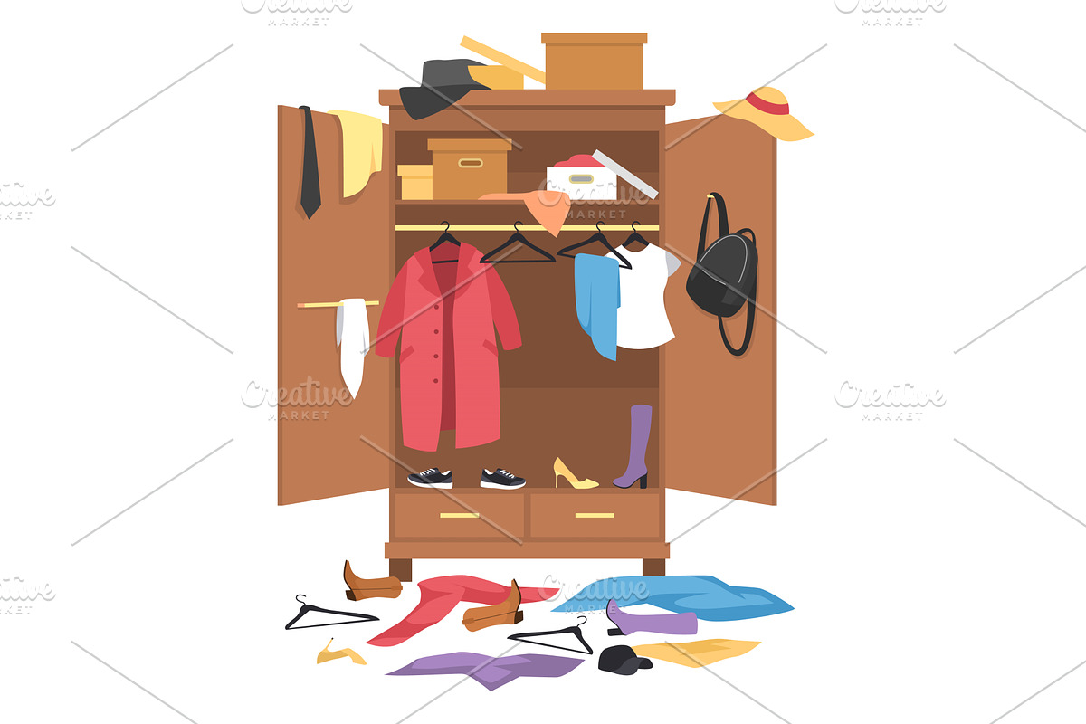 Messy open wardrobe. Wooden closet, an Object Illustration by YummyBuum