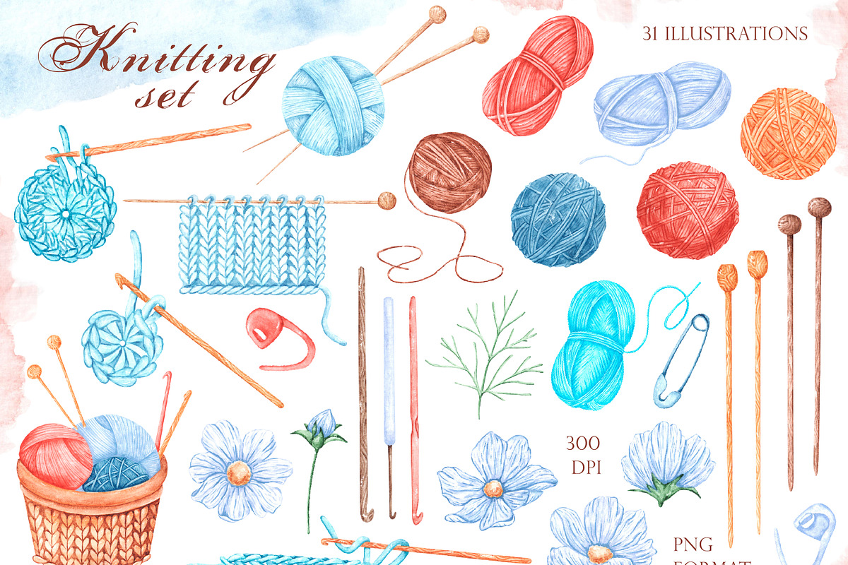 Knitting watercolor set. Crochet., an Illustration by SabinaWatercolorArt (Photo 2 of 16)
