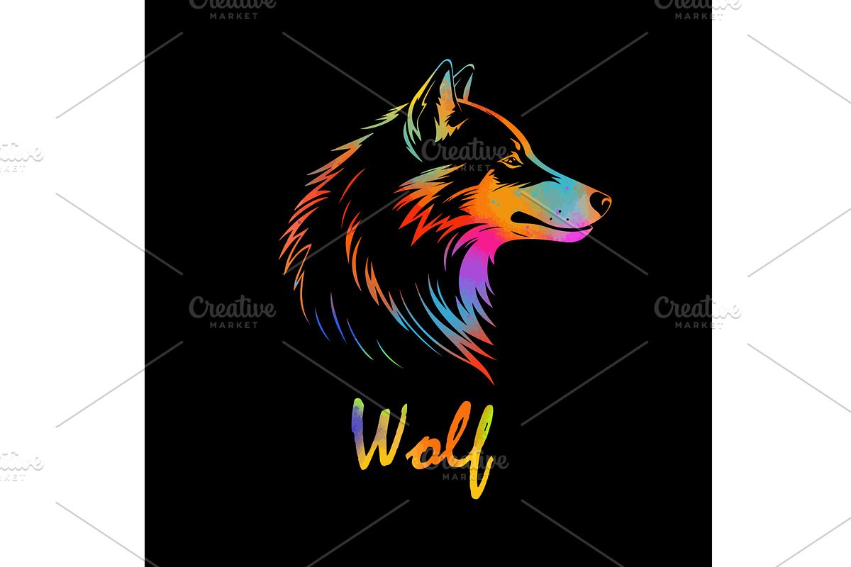 colored wolf head on black, an Object Illustration by Nenahliadava Design