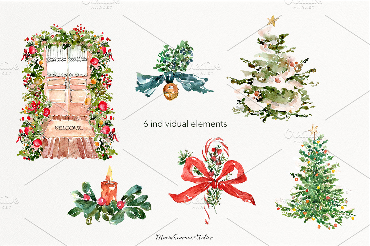 Cute Watercolor Christmas Clipart, a Seasonal Illustration by MariaScaroniAtelier (Photo 3 of 8)
