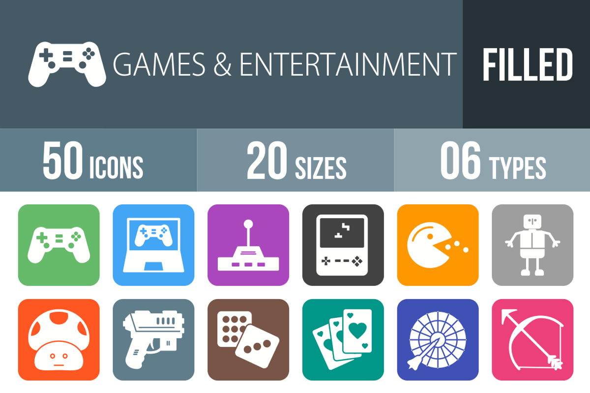 50 Games Flat Round Corner Icons
