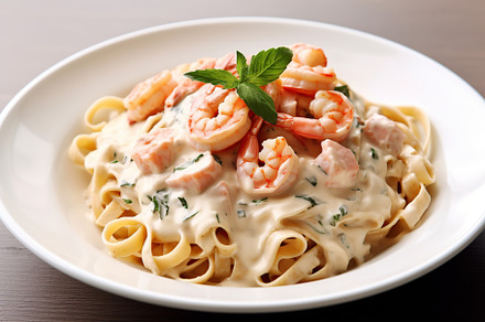 Italian pasta with creamy sauce and shrimp on plate. Generative aI, a Food & Drink Photo by AlyaAnd