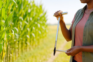 Woman farmer analyzing soil sample i, a Photo by Dvoevnore photos