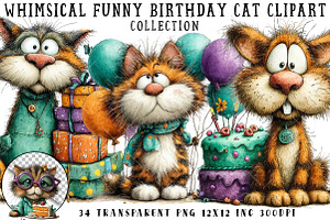 Whimsical Funny Birthday Cat Clipart, an Illustration by OK Design