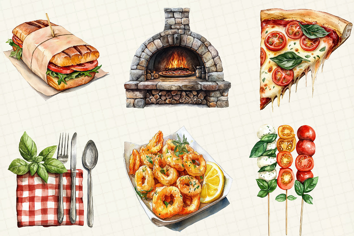 Watercolor Italian Fast Food Clipart, an Illustration by OK Design (Photo 2 of 5)