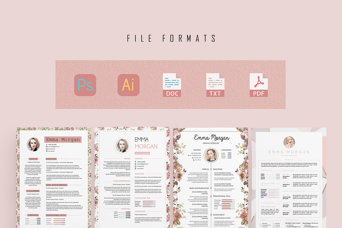 Pink Floral Resume BUNDLE Template M, a Resume Template by Showy68 Template (Photo 5 of 6)