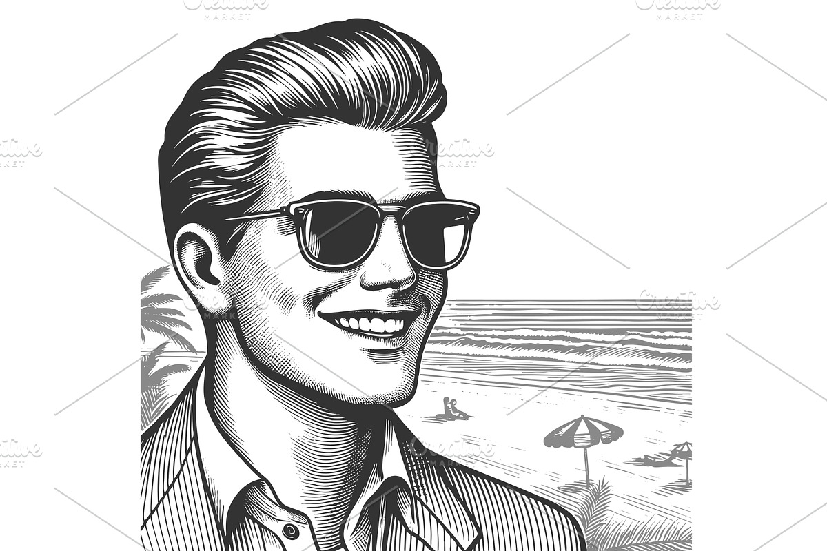Smiling Man at Tropical Beach sketch, a Person Illustration by AlexArt
