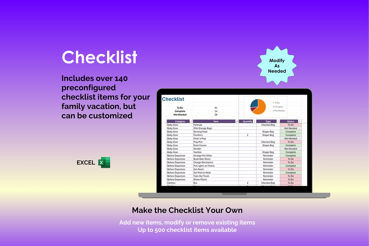Family Vacation Checklist - Excel preview 2