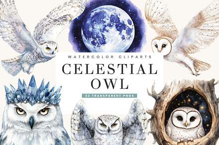 Watercolor Celestial Owl Clipart