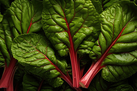 Fresh rhubarb leaves with vibrant green color and red stems, glistening with wa, a Food & Drink Photo by Textures & Backgrounds