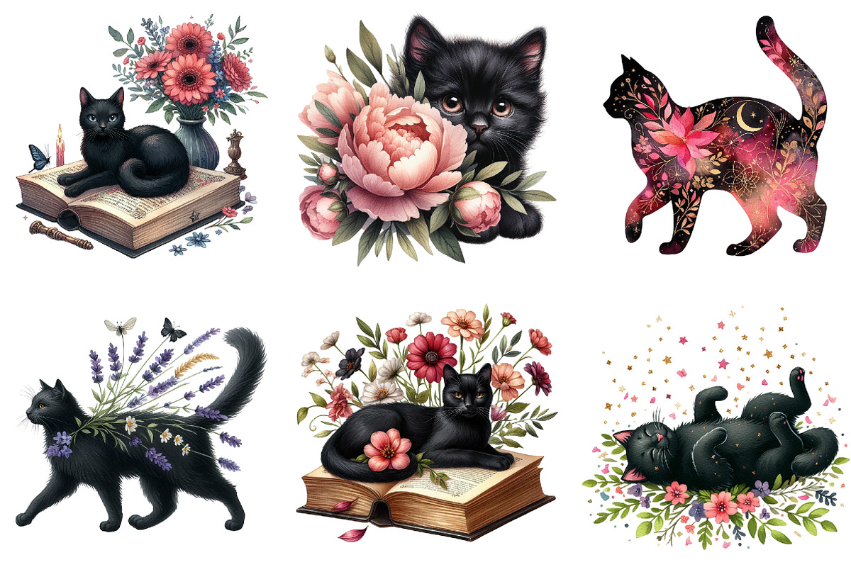 Watercolor Floral Black Cat Clipart, an Illustration by DreamArtGraphic (Photo 3 of 5)