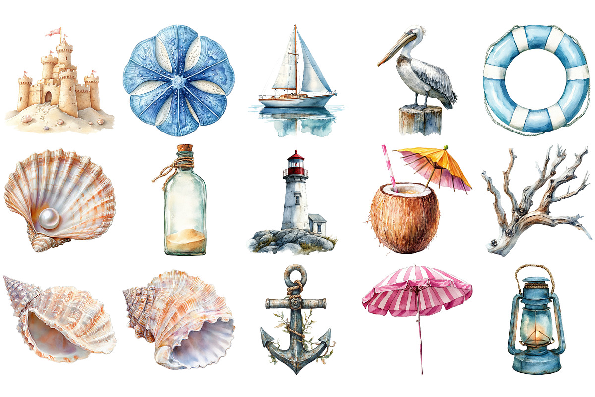 Watercolor Beach Coastal Clipart, an Illustration by Craft Nest (Photo 2 of 4)