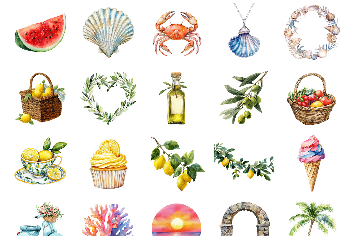 Watercolor Italian Summer Clipart, an Illustration by Design Market (Photo 3 of 3)