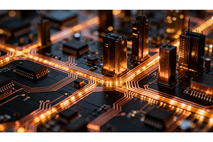 Circuit board with glowing copper, a Technology Photo by tilialucida