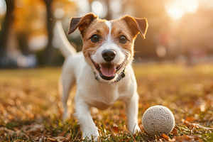 Happy dog playing with a ball in a p, an Animal Photo by Pixeness Studio