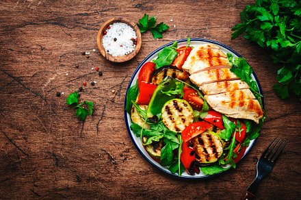 Grilled chicken breast fillet and vegetables salad with paprika,, a Food & Drink Photo by 5PH