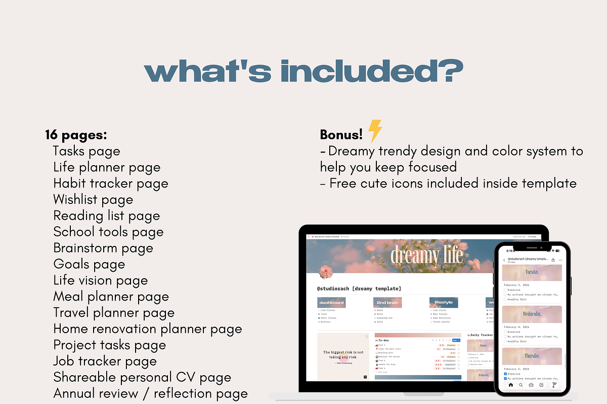 Dreamy Life Planner Notion Template, an App Template by studiorach (Photo 7 of 10)