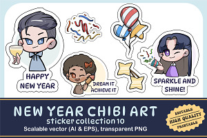 New Year Chibi Art Sticker Set 10, an Illustration by vectstudio