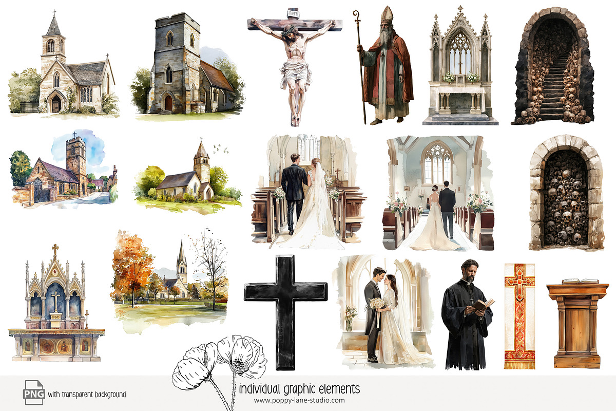 115 watercolour church clip art, an Object Illustration by Poppy Lane Studio (Photo 6 of 11)