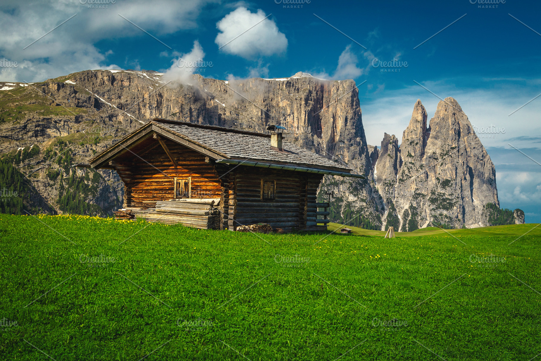 Wooden log house on the green field, an Architecture Photo by Alpine Dreams