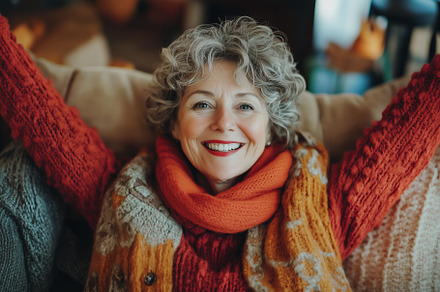 A cheerful older woman with curly gray hair, wearing a vibrant red sweater and, a Person Photo by Textures & Backgrounds
