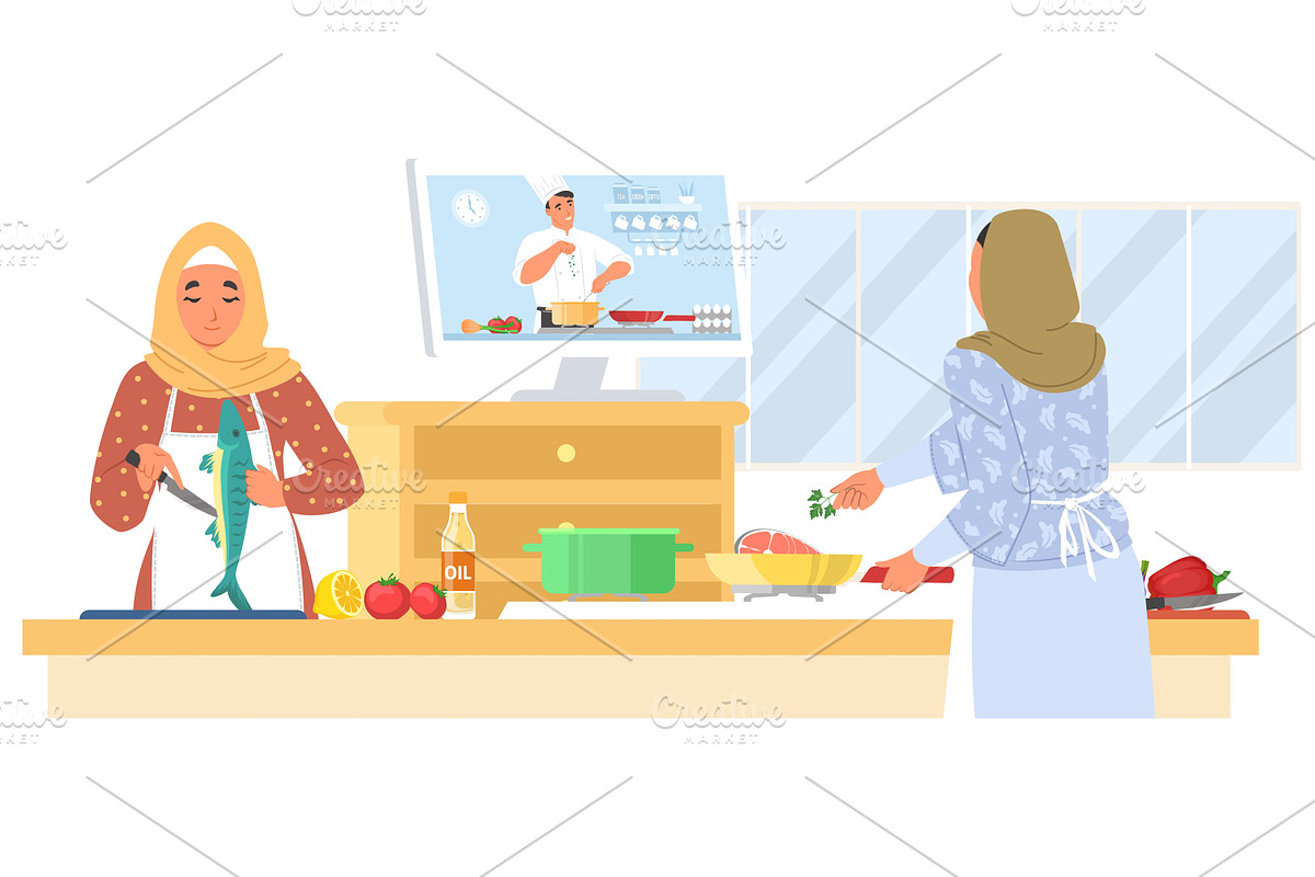 In a cozy kitchen, a Muslim mother, a Food Illustration by SiberianArt