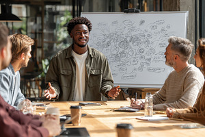 Man presenting project ideas to team, a Photo by Pixeness Studio