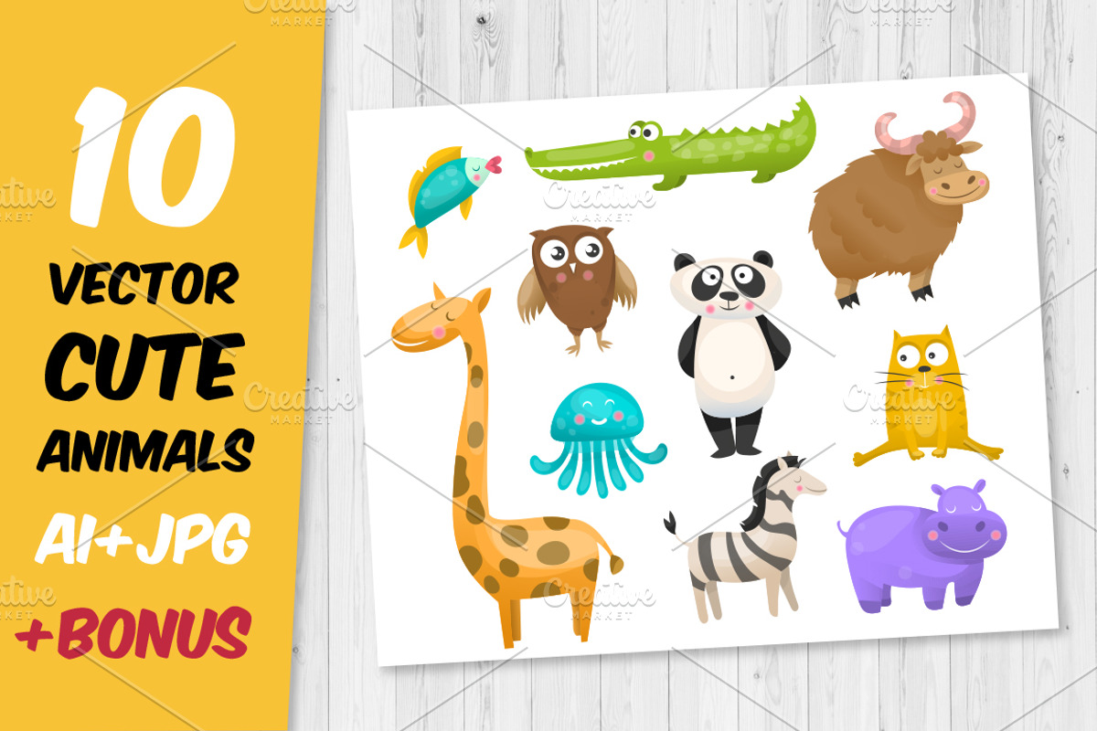 10 cute vector animals set + bonus, an Object Graphic by bosmoll (Photo 1 of 2)