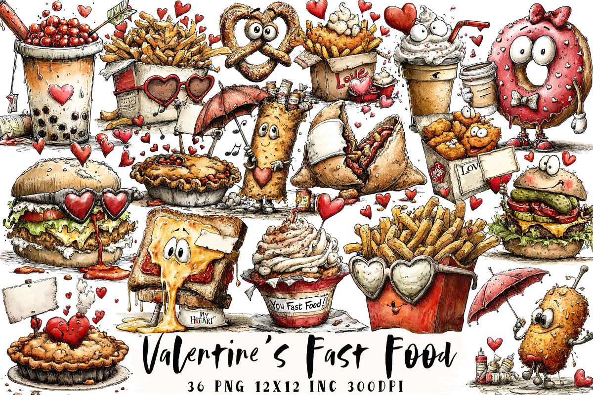 Quirky Valentine's Fast Food Clipart, an Illustration by OK Design (Photo 1 of 6)