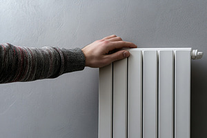 Human hand touching cold white heater radiator on grey wall background, an Industrial Photo by AlyaAnd