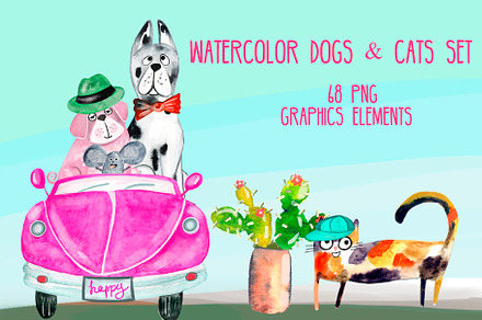 Watercolor cats dogs hand drawn set