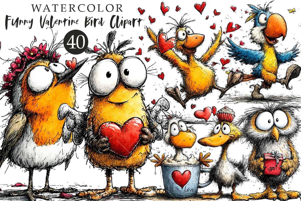 Funny Valentine Bird Clipart, an Illustration by OK Design (Photo 1 of 6)