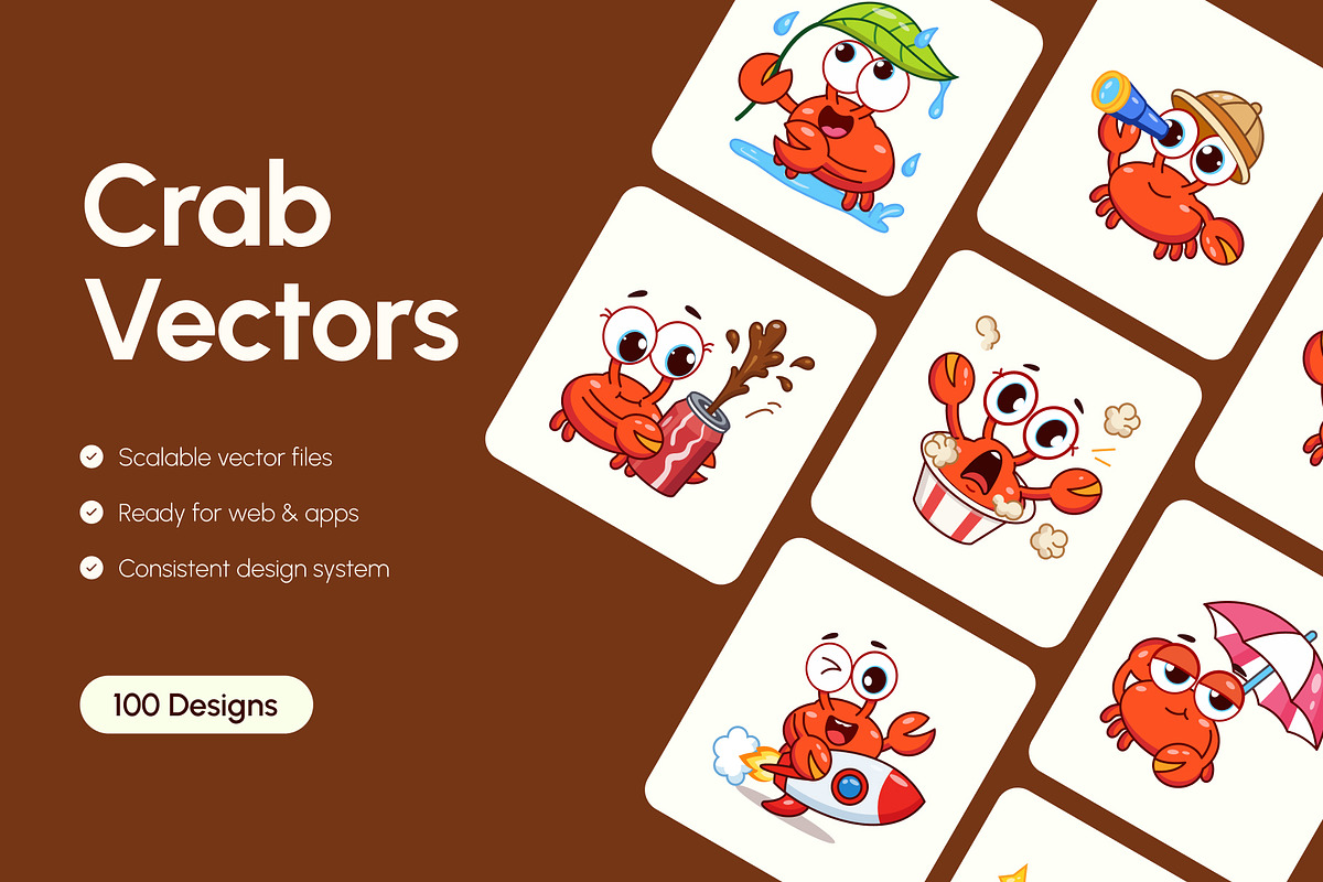100 Crab Flat Vector Icons, an Emoji Icon by Brickclay (Photo 1 of 11)