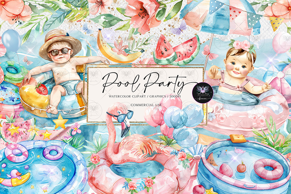 Pool Party Clipart Watercolor, an Illustration by BigCakeBee (Photo 1 of 4)