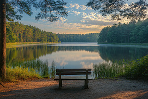 Bench in park with view on the lake in the morning, an Arts & Entertainment Photo by AlyaAnd