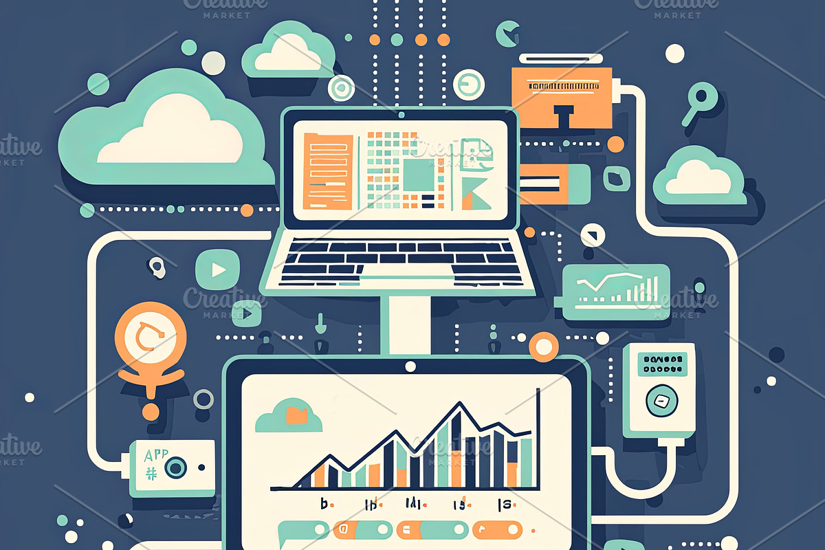 Technology diagram showcasing VPN communication and data analysis with cloud co, an Illustration by AS photostudio