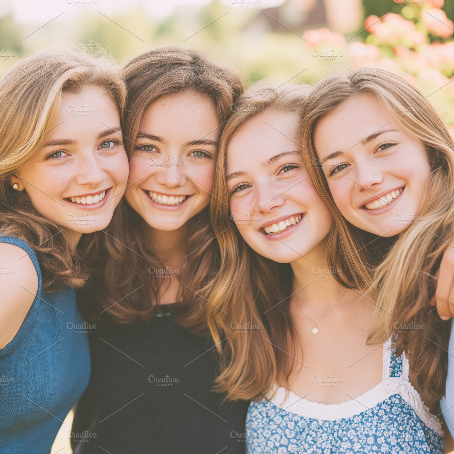 Four happy young women smiling close together, embracing, and en, a Person Photo by Studio ANNA