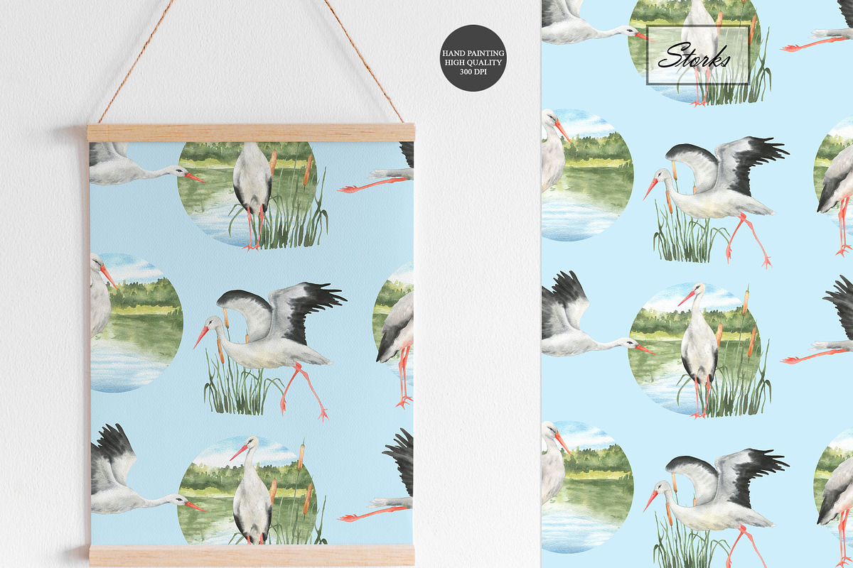 Watercolor Stork Seamless Patterns, an Animal Illustration by OlDm_Shop (Photo 7 of 10)