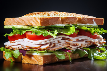 Big sandwich with baked turkey, green salad, tomato and cucumber slices on dark, a Food & Drink Photo by Natalia Klenova's Shop