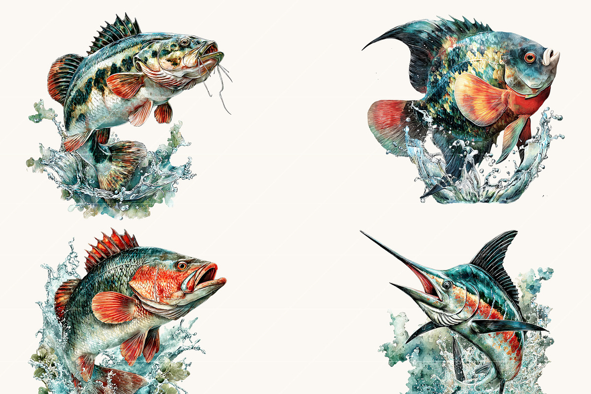 Watercolor Jumping Fish Clipart, an Animal Illustration by BusyDaydesign (Photo 5 of 9)