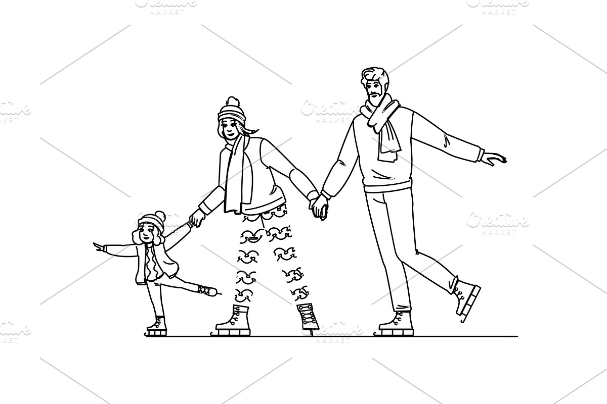 glide ice skating family vector, a Person Illustration by pikepicture
