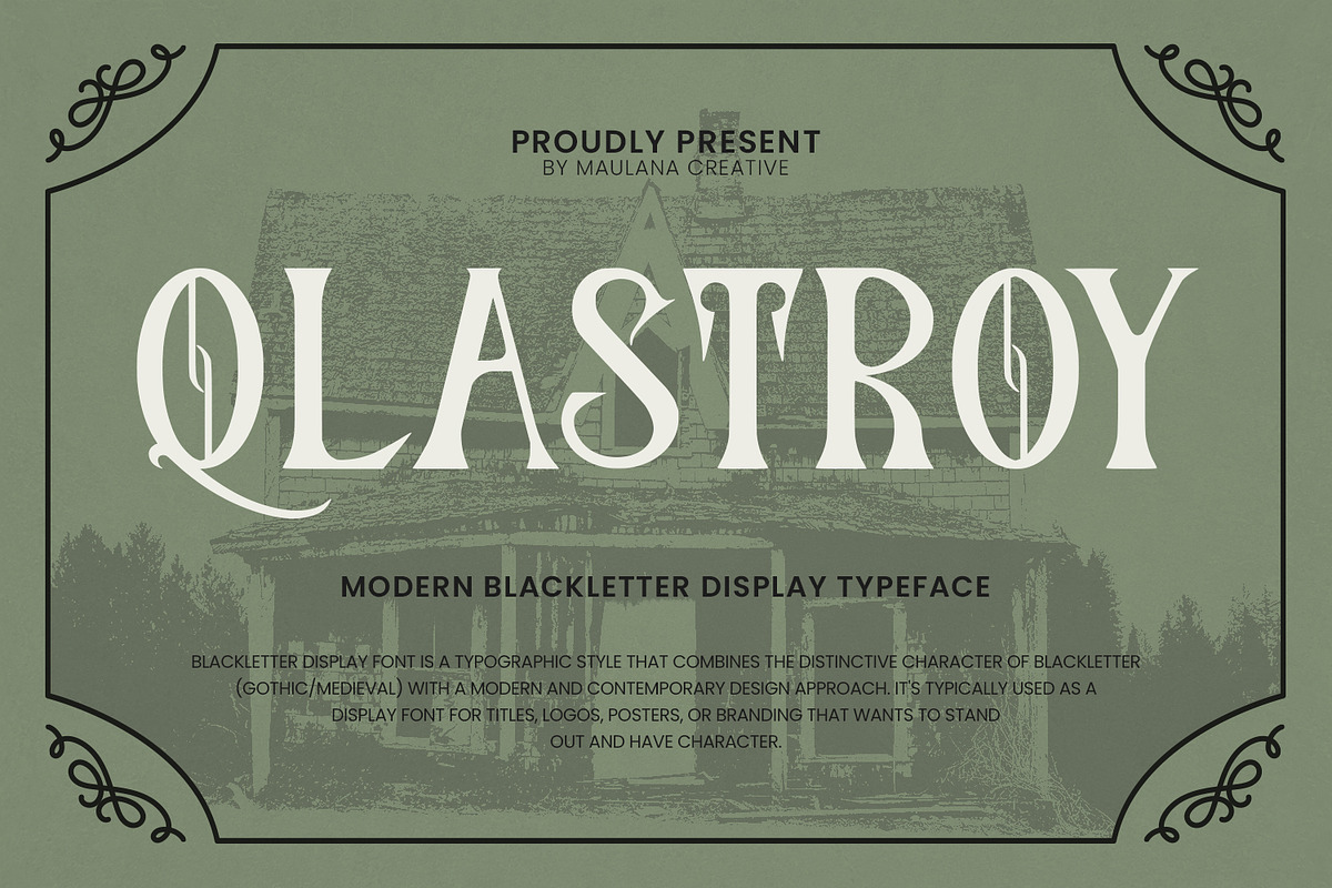 Qlastroy Modern Blackletter Display, a Blackletter Font by Maulana Creative (Photo 1 of 7)