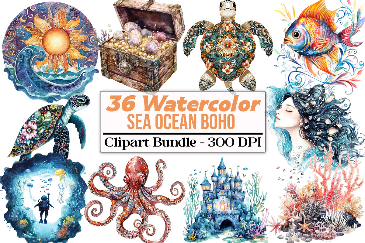 Sea Ocean Boho Clipart, an Illustration by DreamCafeArt (Photo 1 of 5)
