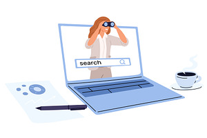 Young woman looks through binoculars, a Technology Illustration by Vectorbuum