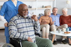Thankful african american senior man in wheelchair holding nurse hand, a Photo by Prostock-Studio