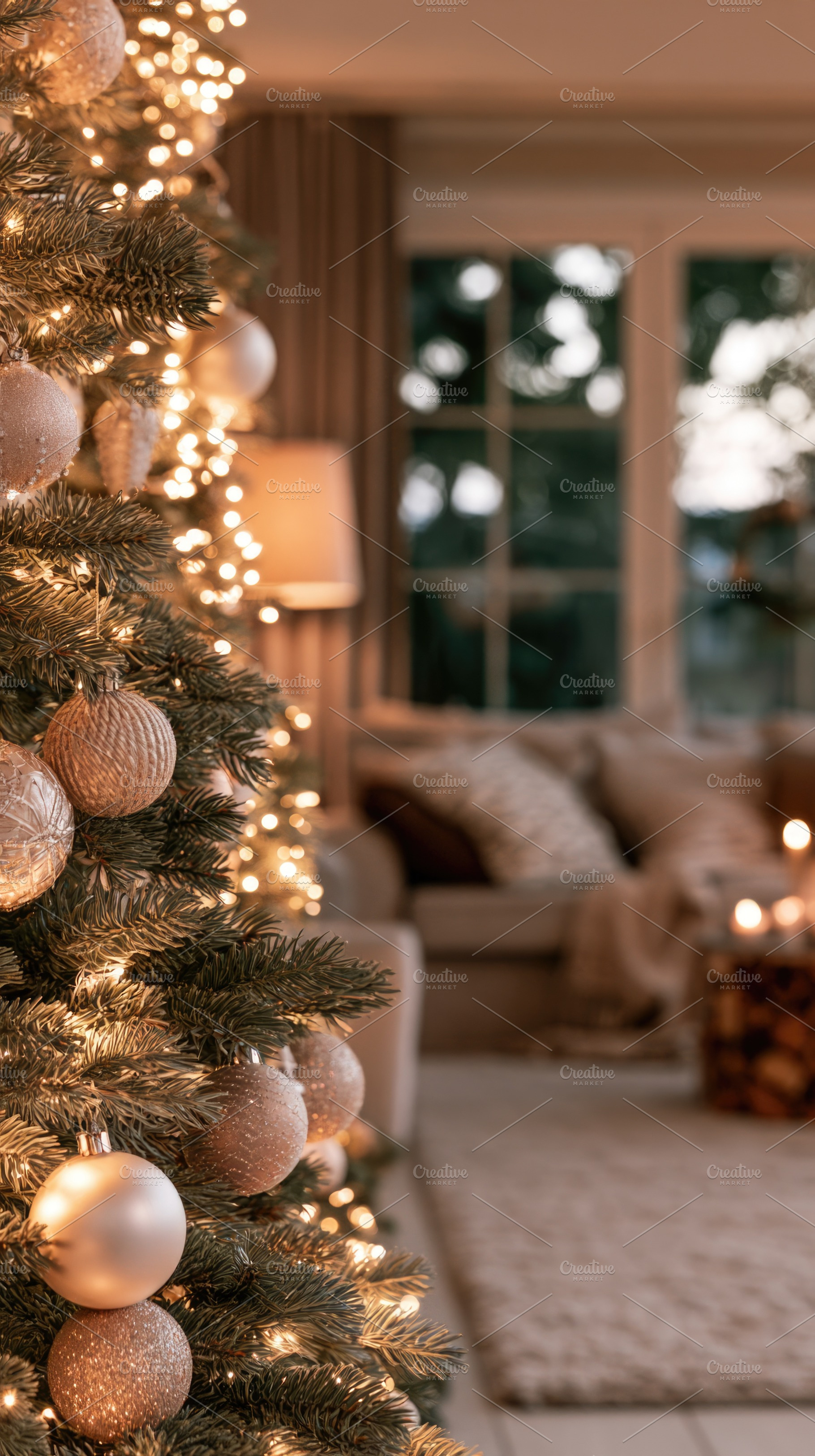 Elegant Christmas tree with warm lights in cozy living room, a Holiday Photo by José Manuel Gelpi