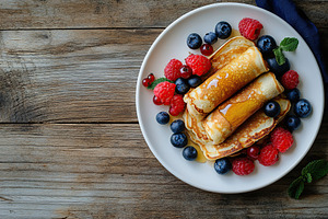 Rolled pancakes served with fresh berries and syrup on a rustic wooden table, a Food & Drink Photo by AlyaAnd