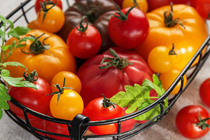 Fresh organic heirloom tomatoes in harvest basket from garden, a Food & Drink Photo by Olena Rudo