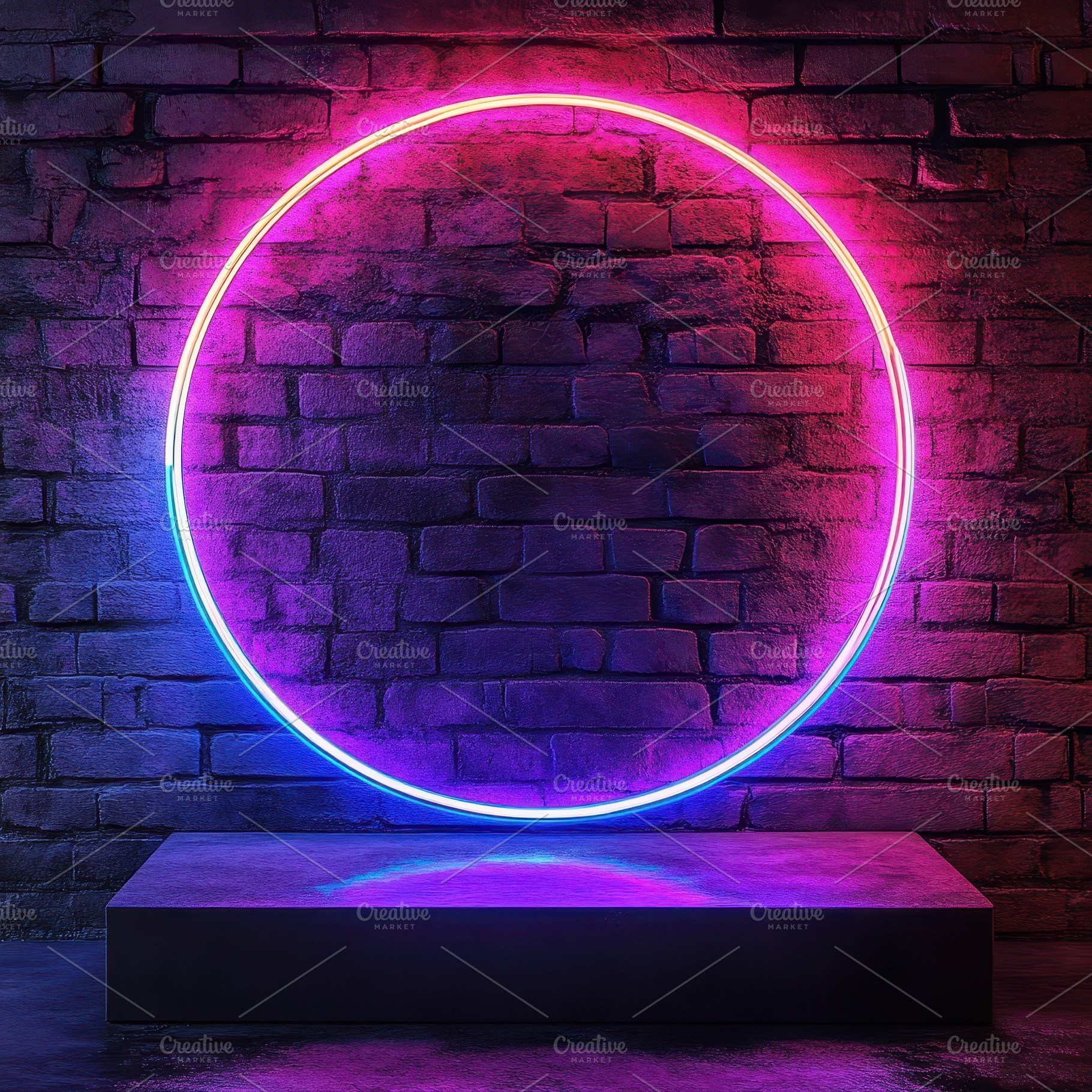 Neon Circle Light Brick Wall Backgro, an Abstract Photo by Pixeness Studio