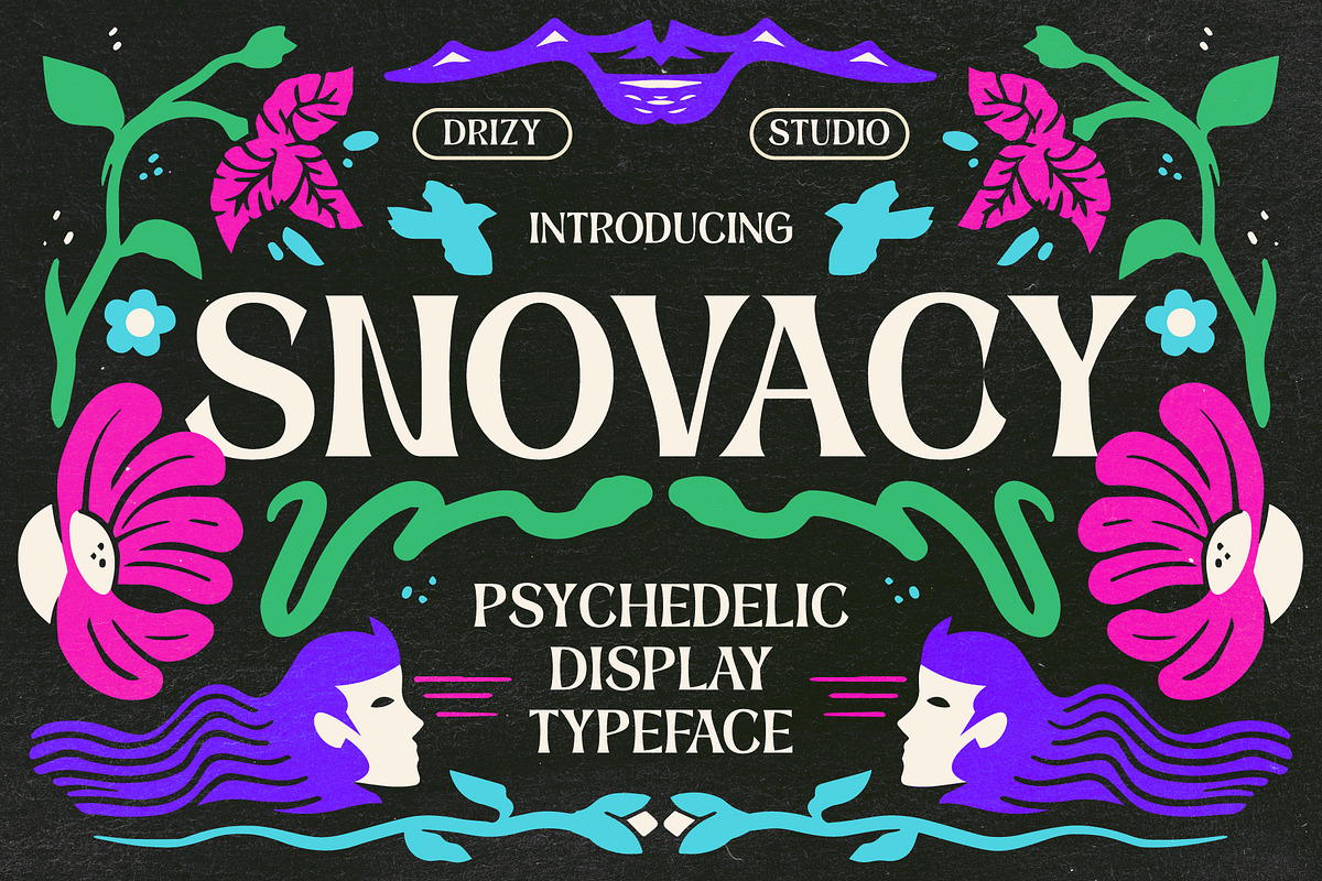 Snovacy - Psychedelic Display Font, a Sans Serif Font by Drizy (Photo 1 of 10)